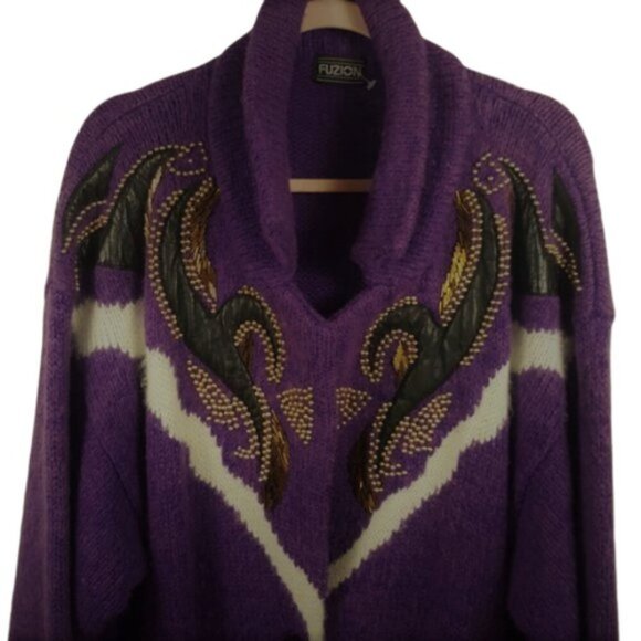 Vintage 80s long cardigan sweater jacket coat beads and applique - Picture 1 of 7